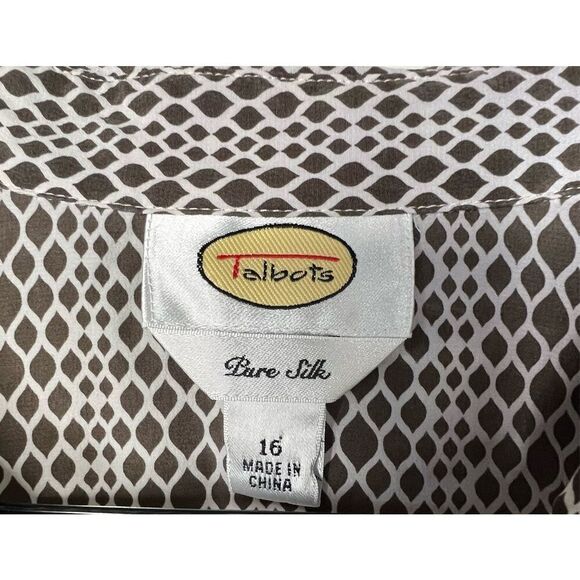 Talbots Brown and White Geometric Silk Professional Long Sleeve Blouse - Picture 3 of 4